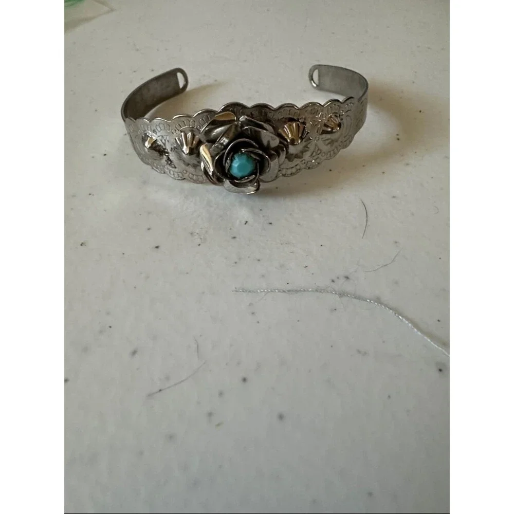 Sterling-Inspired Silver Cuff Bracelet with Turquoise Rose Accent